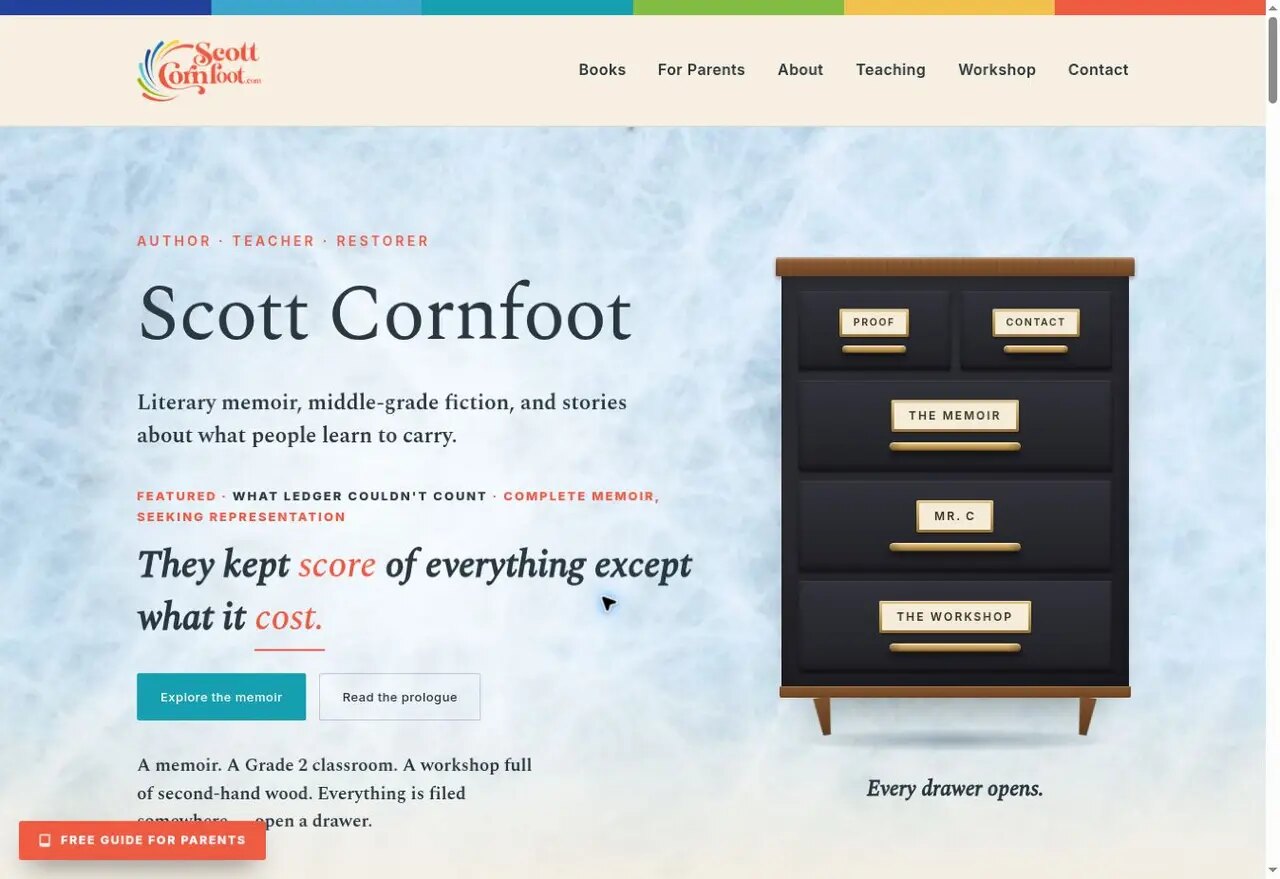 Homepage of mrcornfoot.com showing Scott Cornfoot's author, teacher and restorer website